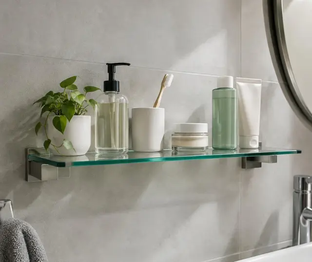 Repisa de vidrio en un baño (imagen ilustrativa)